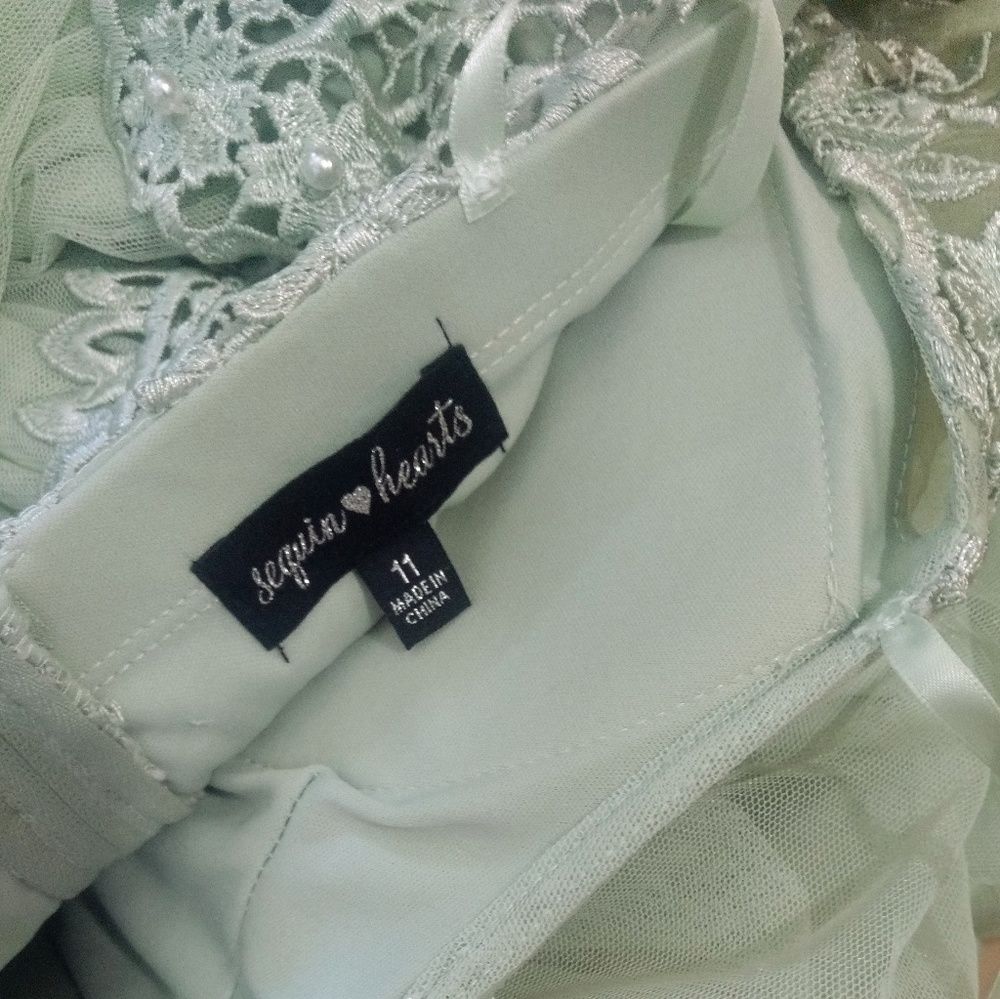Sequin Hearts Mint Green Beaded Prom Formal Dress - Picture 6 of 7